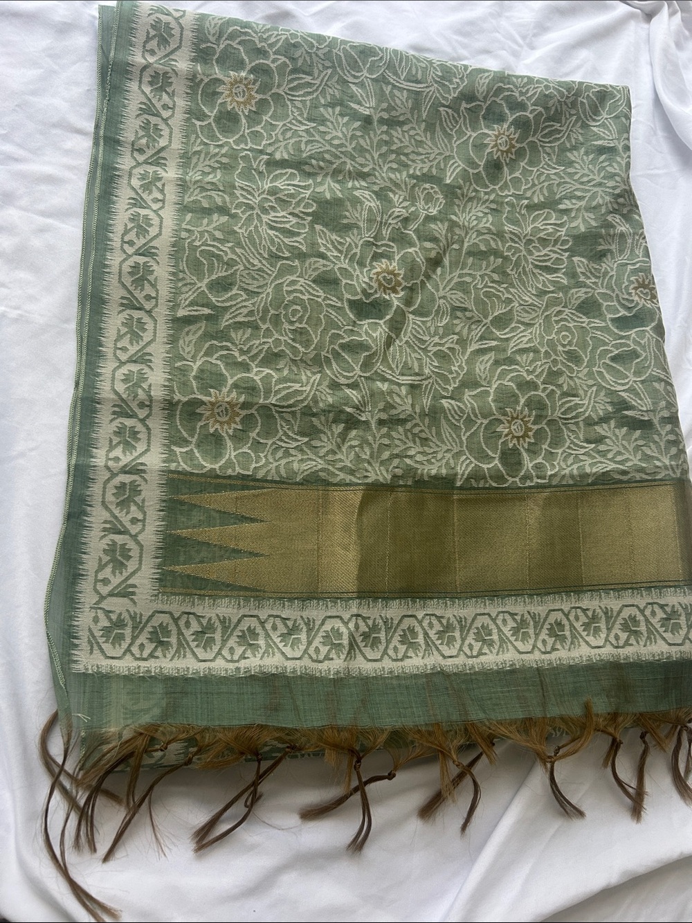 Duppatta scarf wrap light green floral gold accent. NWOT